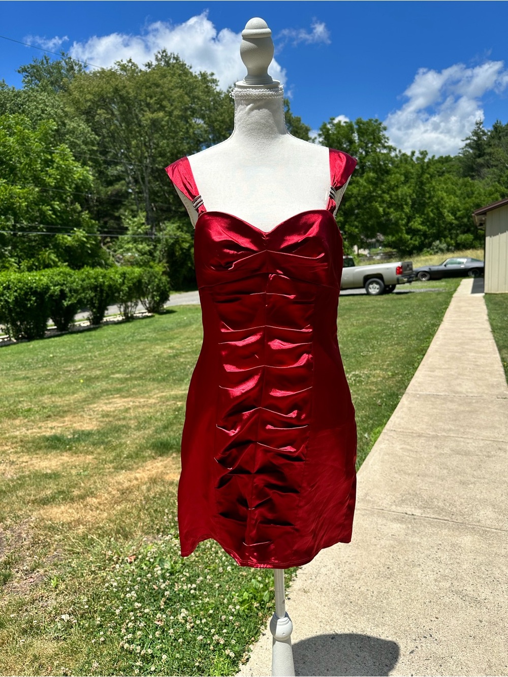 Red Satin Ruched Mini Dress - Women's